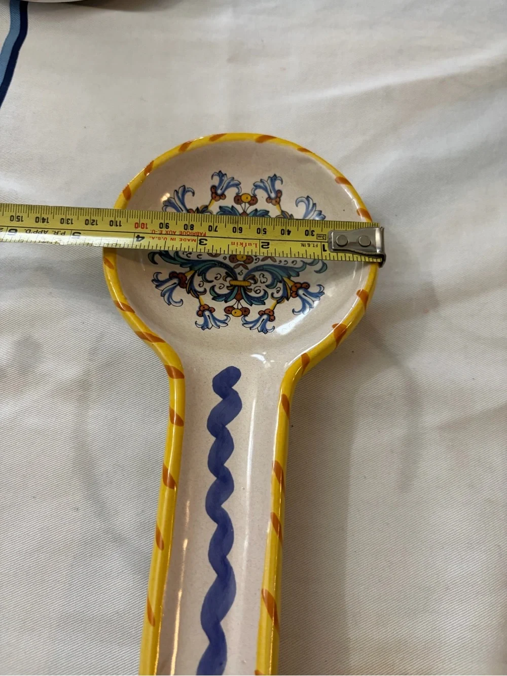 Moma Ceramic Spoon Rest with Yellow Rim and Blue Motif